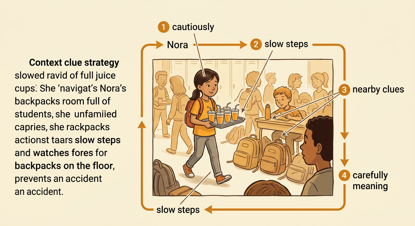 Nora carefully carries a tray of juice around backpacks by following a slow, safe path to a table.