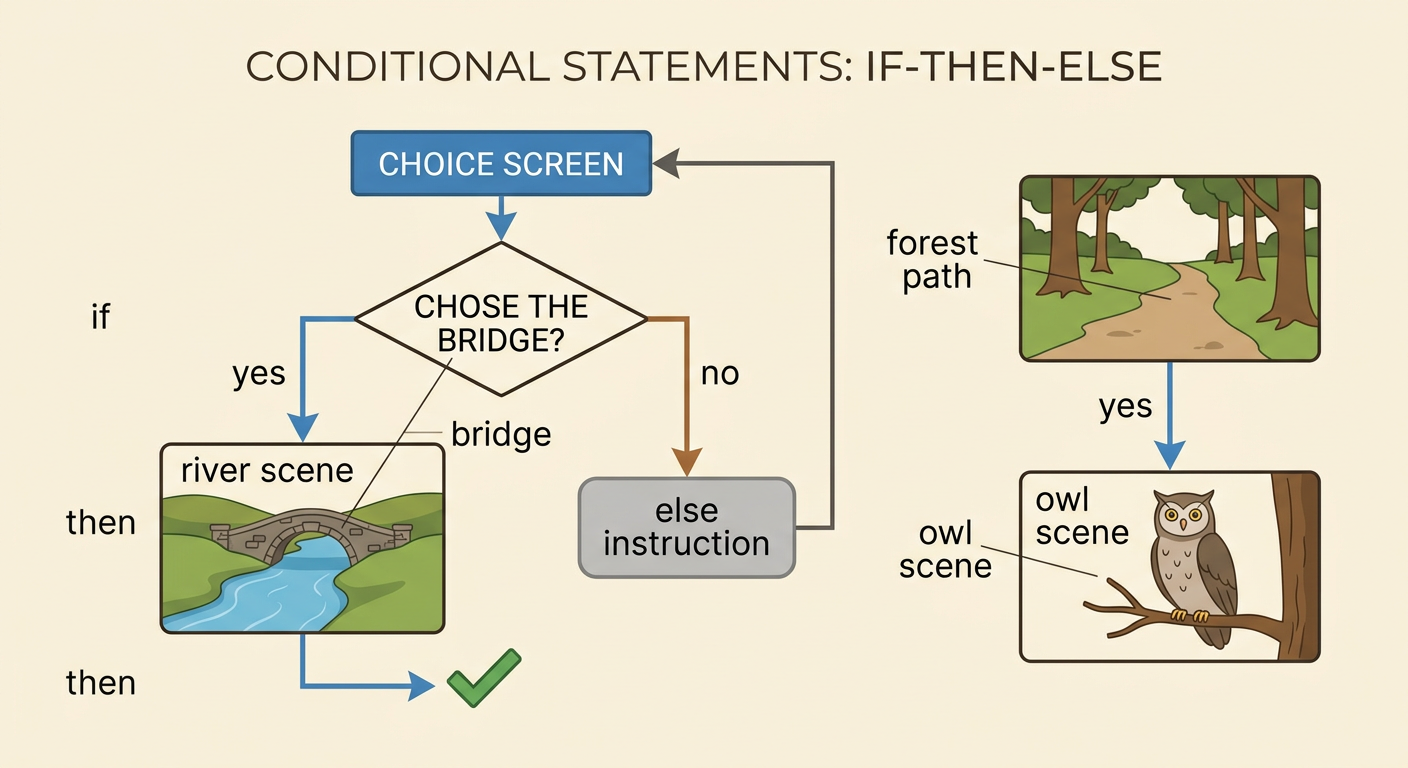 A simple if-then diagram connects a bridge choice to a river scene and a forest path choice to an owl scene.