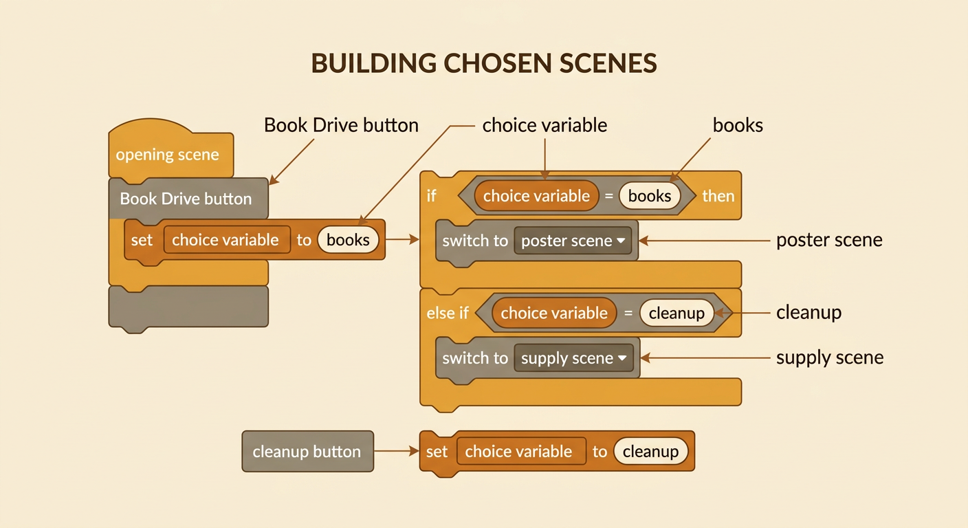 Coding blocks show a Book Drive button setting a choice variable to books and opening the poster scene.