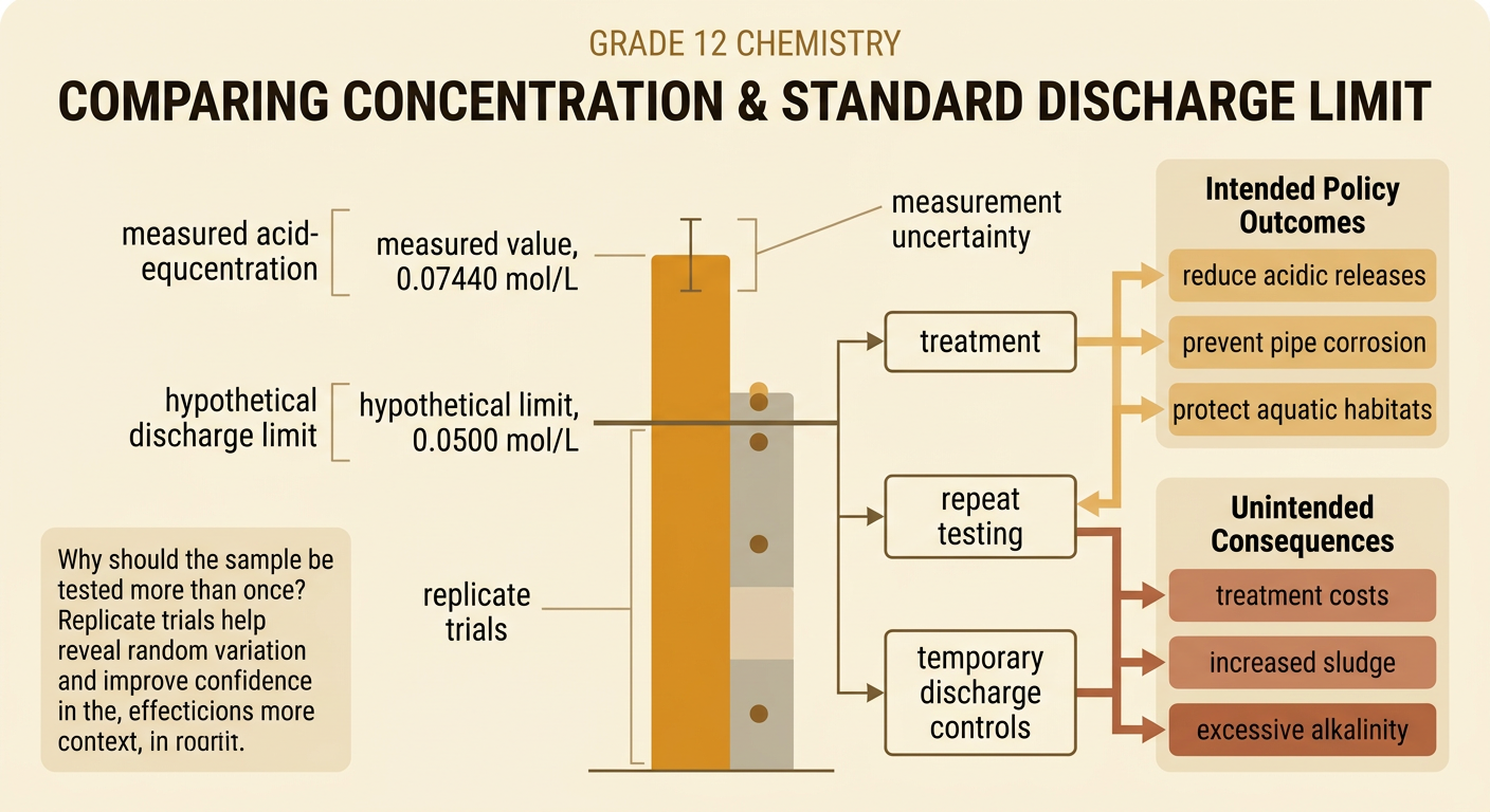 A water-quality chart compares the measured acid concentration with a proposed limit and shows possible responses and consequences.