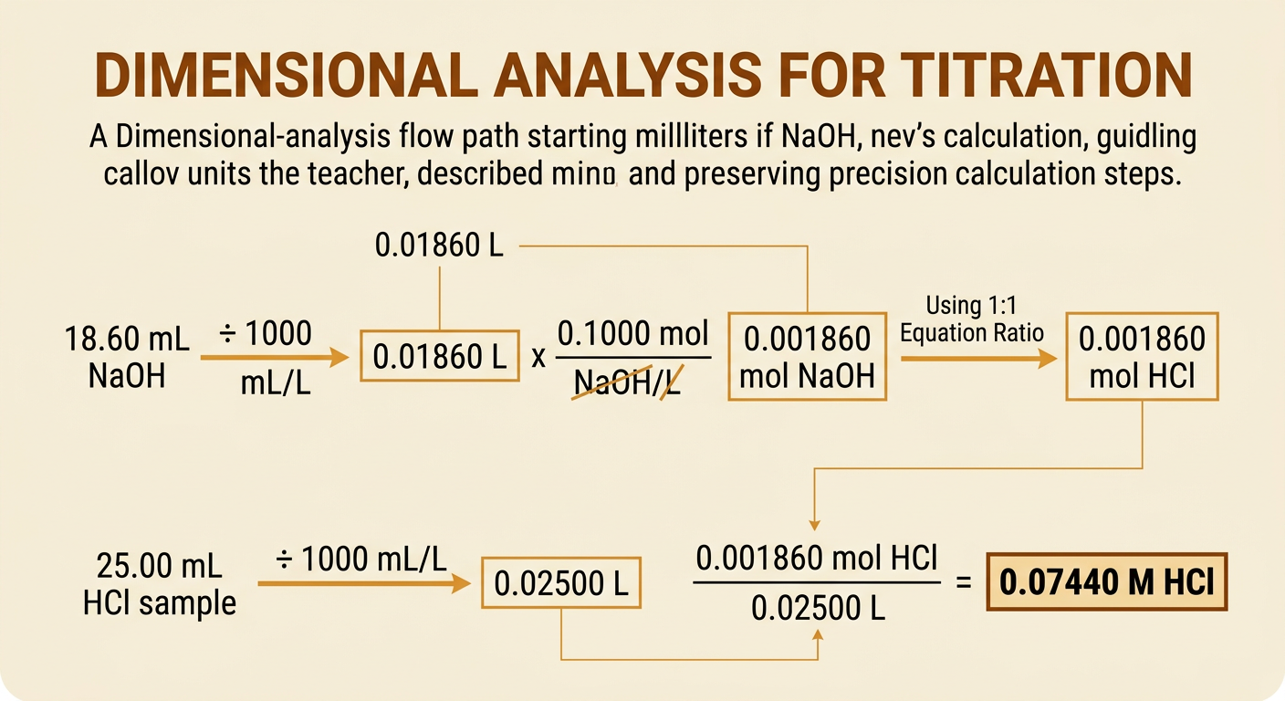 A dimensional-analysis pathway converts titrant volume to moles and then calculates the acid molarity.