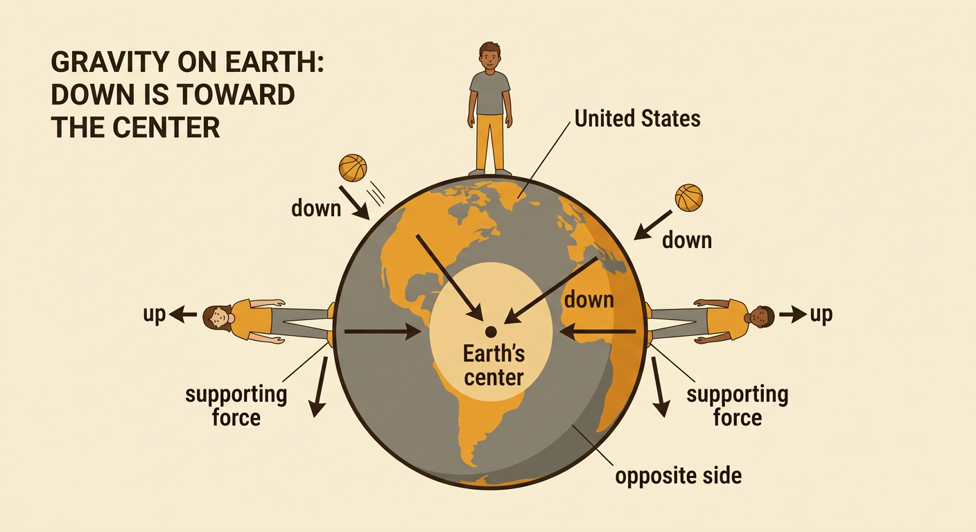 Two people on opposite sides of Earth drop balls along arrows that point toward Earth's center.