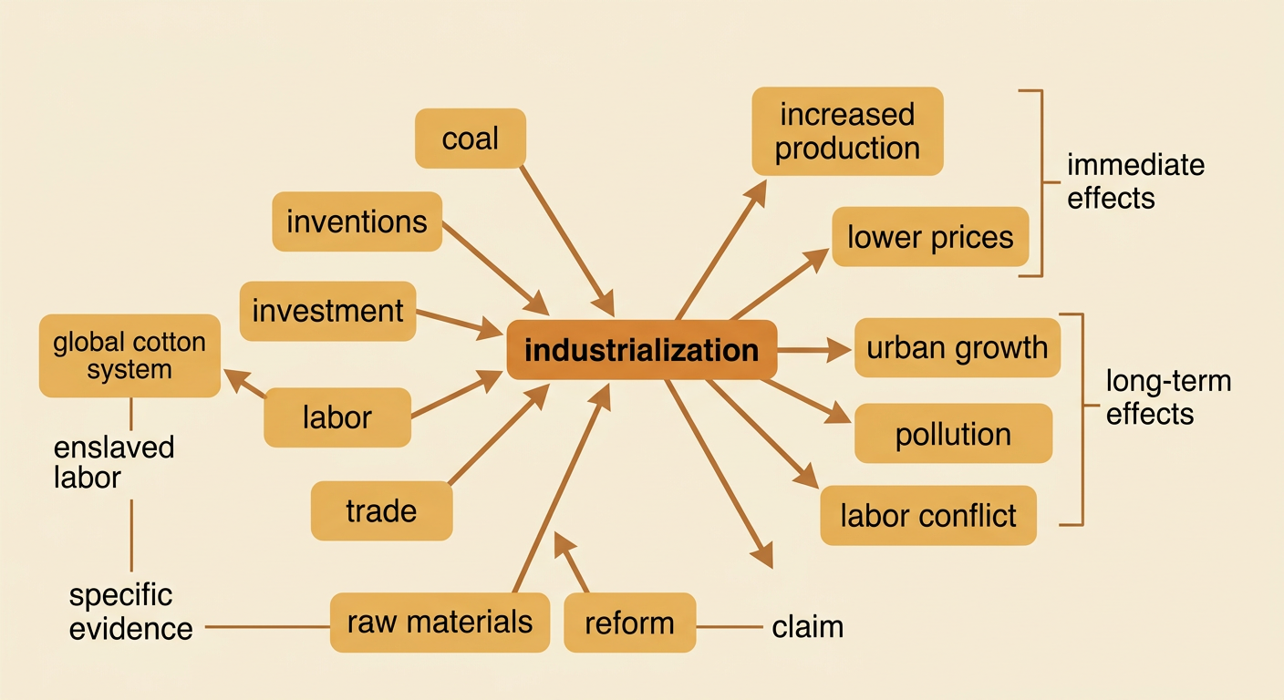 An interconnected cause-and-effect diagram links British coal, factories, investors, workers, and trade to cotton, cities, reform, and pollution.