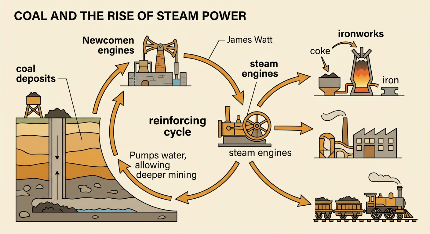 A cutaway industrial landscape shows a coal mine pumping water, a steam engine powering a factory, and the cycle connecting coal and machinery.