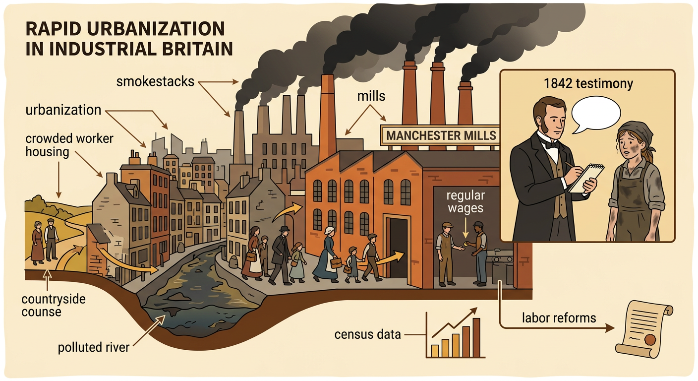 A crowded Manchester neighborhood appears beside a smoky factory and mine, while an investigator records evidence from women and children.