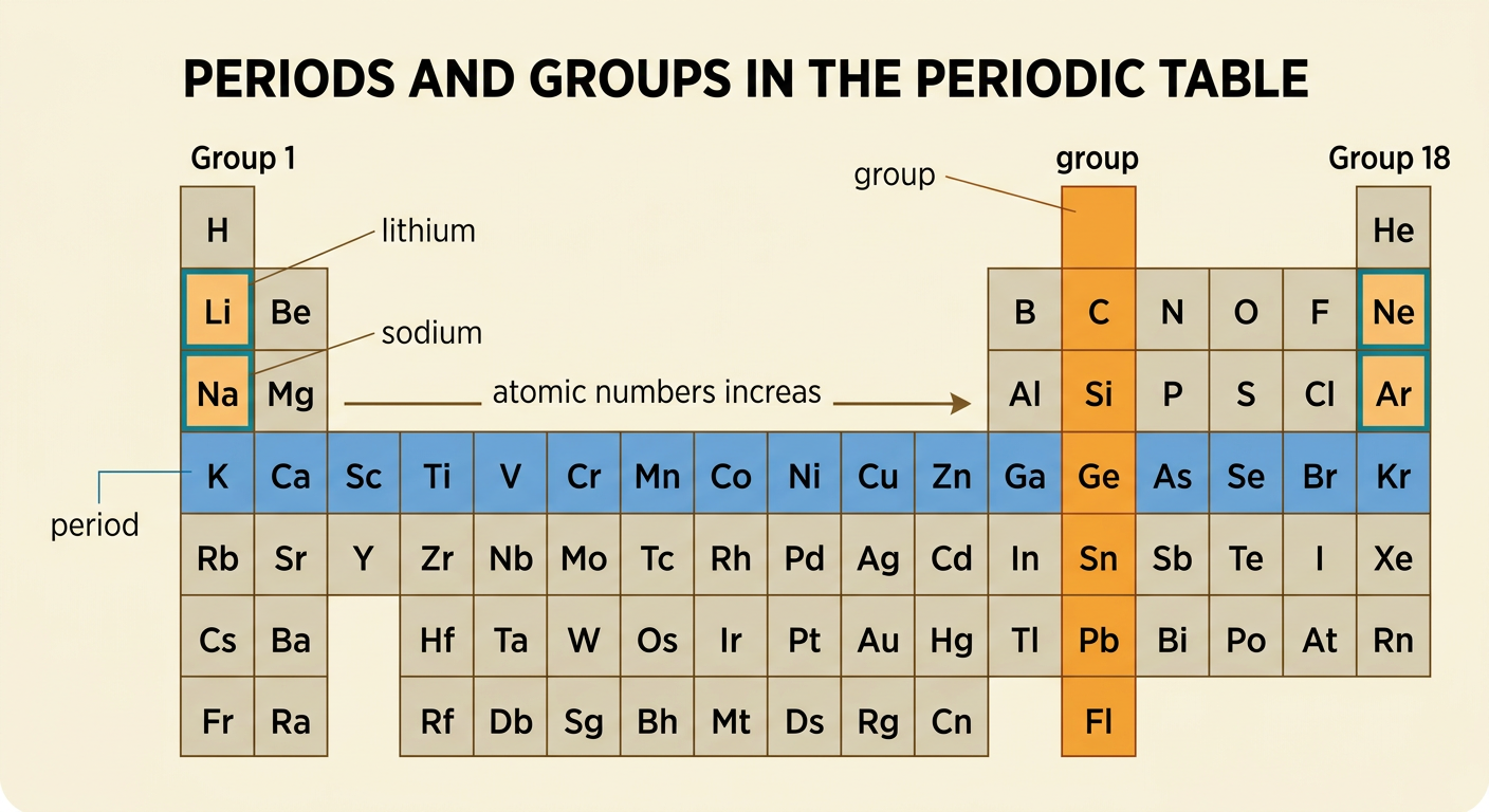 A periodic table grid highlights one horizontal period, one vertical group, Group 1 with lithium and sodium, and Group 18 with neon and argon.