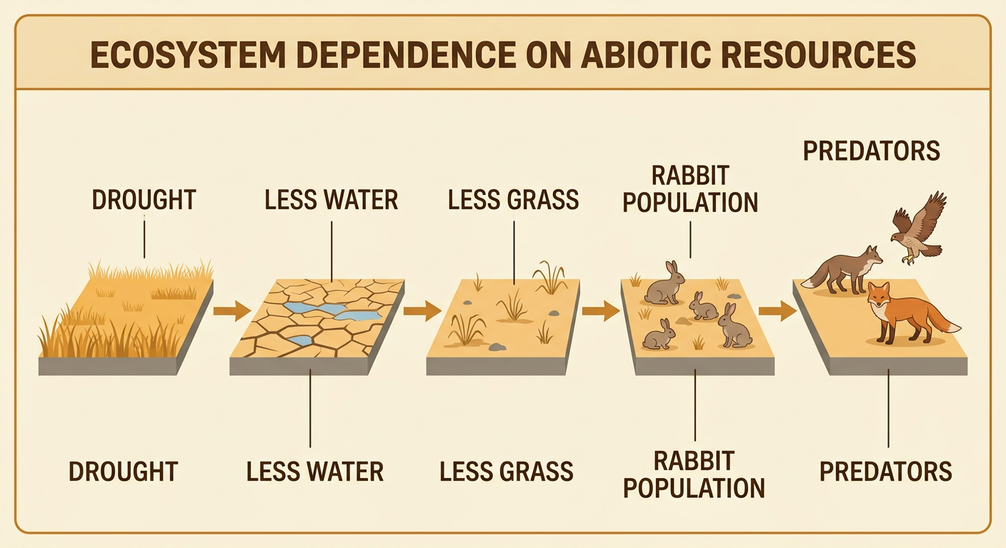 Arrows show how drought causes less water, less grass, fewer rabbits, and less food for predators in a grassland.