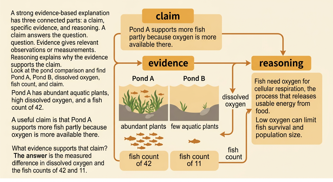 A side-by-side comparison shows oxygen levels and fish counts in Pond A and Pond B.