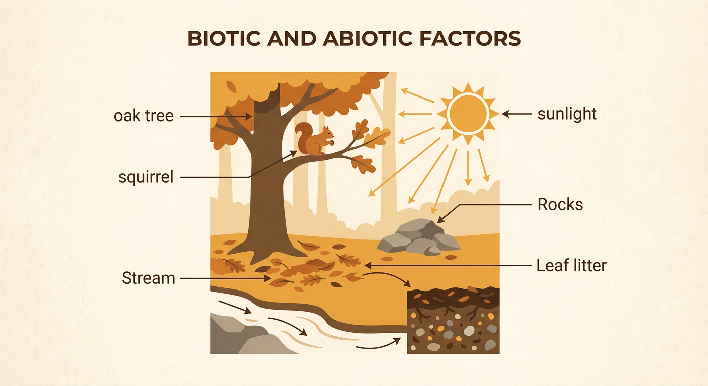 A forest ecosystem shows living and once-living organisms alongside sunlight, a flowing stream, rocks, and soil.