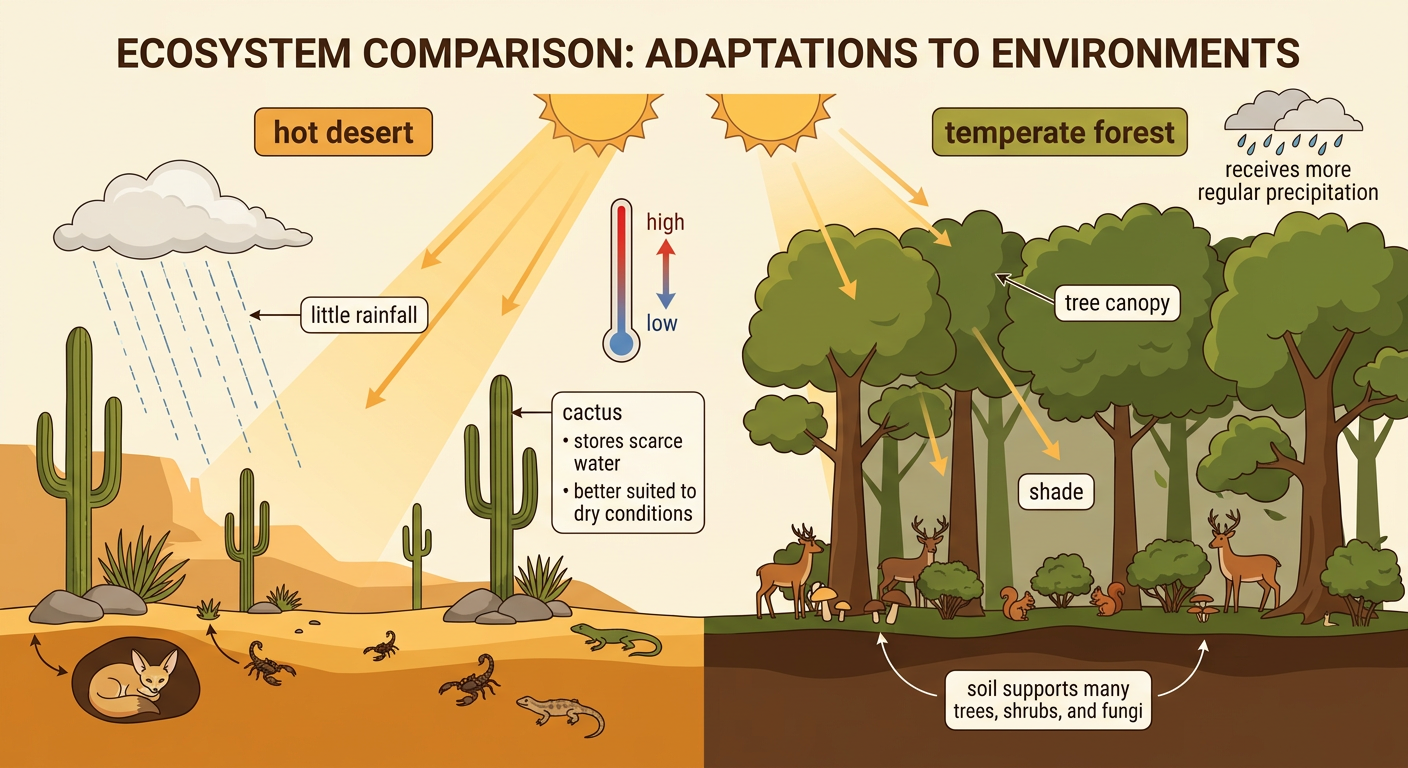 A split scene compares a sunny hot desert with a shaded temperate forest.