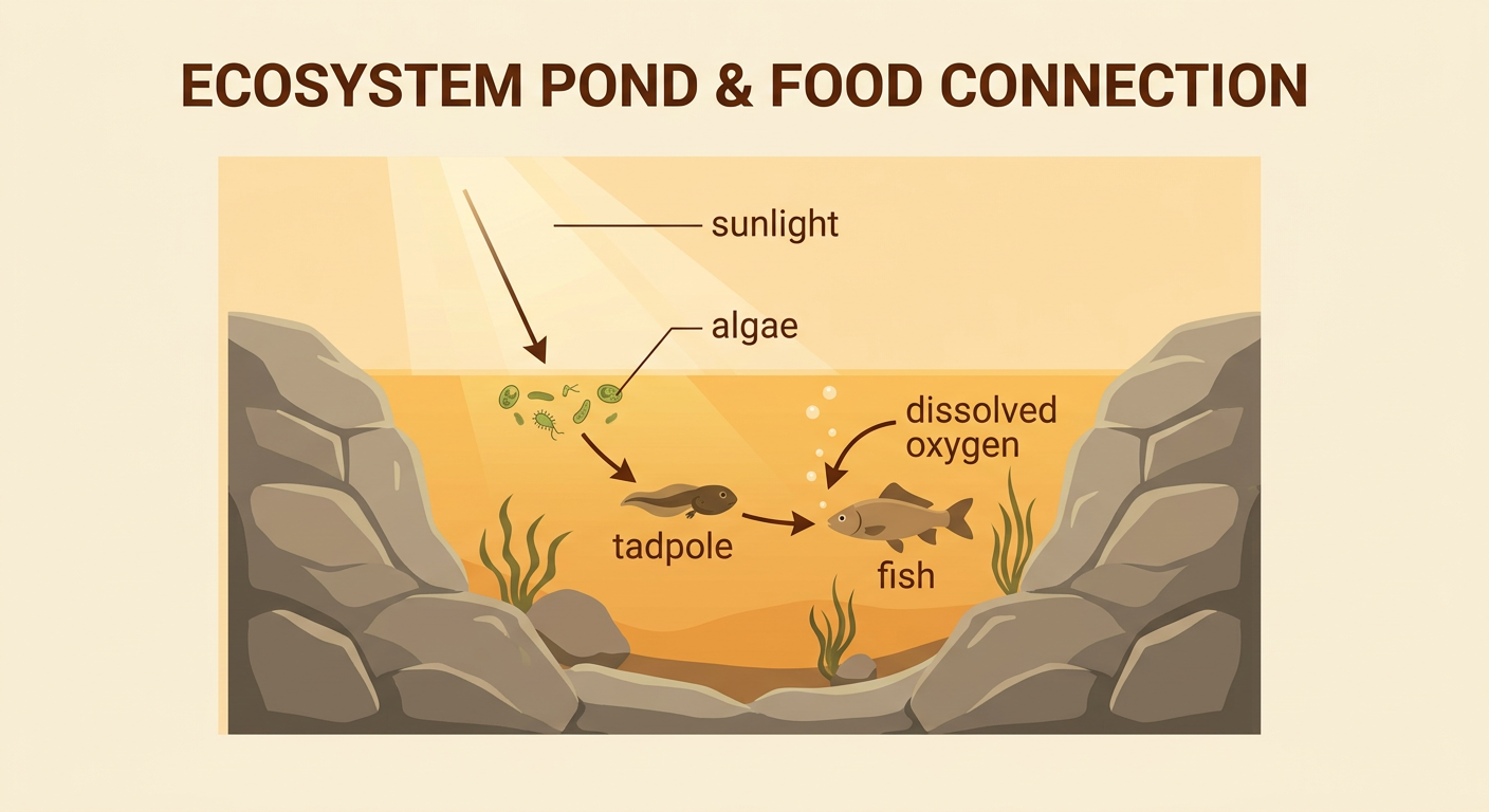 A labeled pond ecosystem shows sunlight, algae, a tadpole, a fish, and dissolved oxygen interacting.