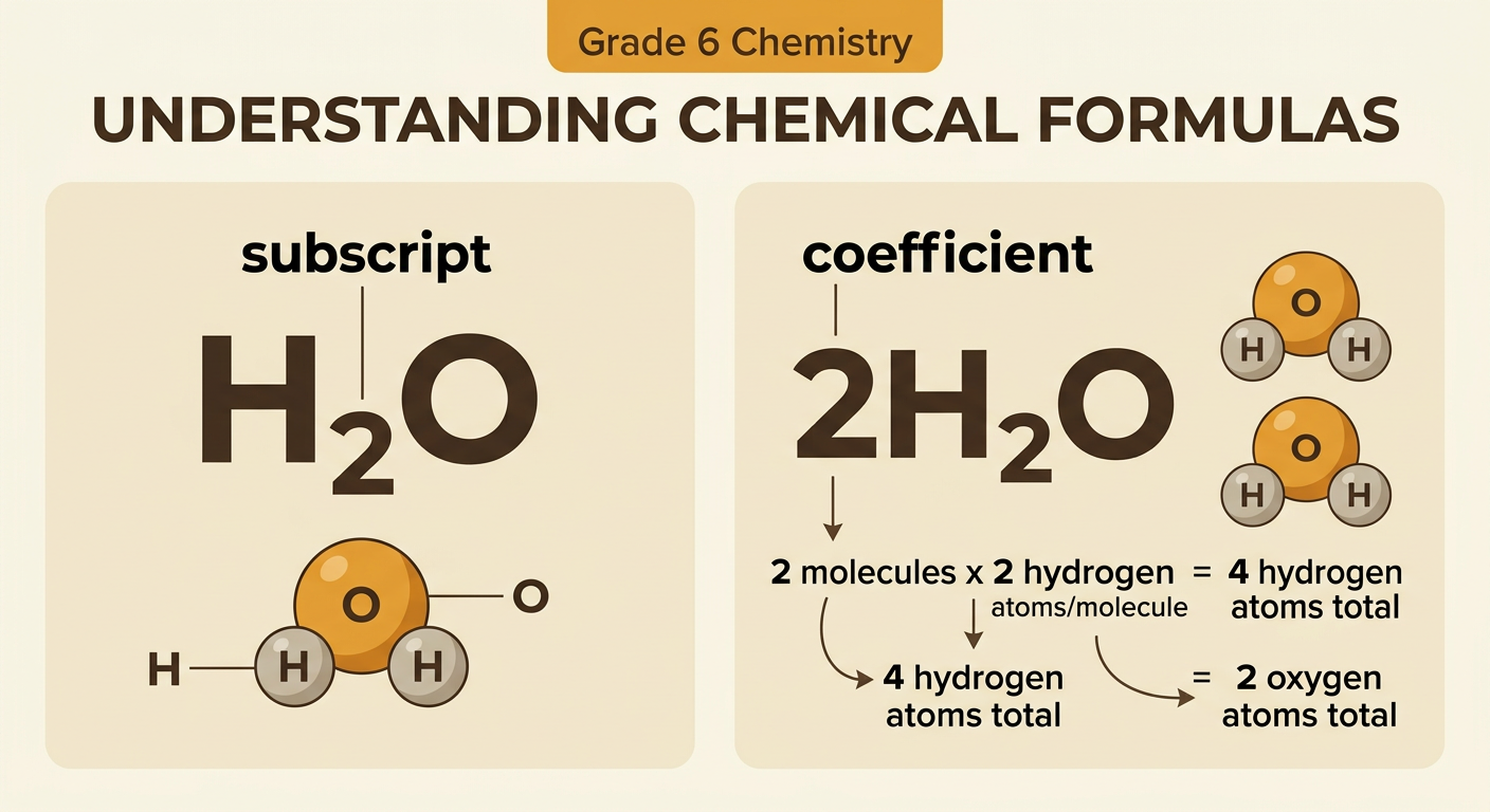 A water formula diagram contrasts the subscript in H2O with the coefficient in 2H2O and shows the resulting atoms.