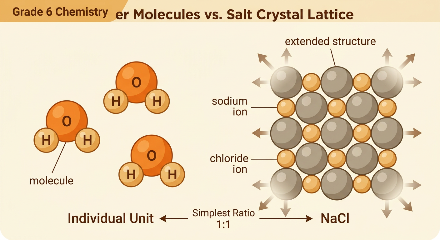 Separate water molecules appear beside a repeating salt structure made of alternating sodium and chloride ions.