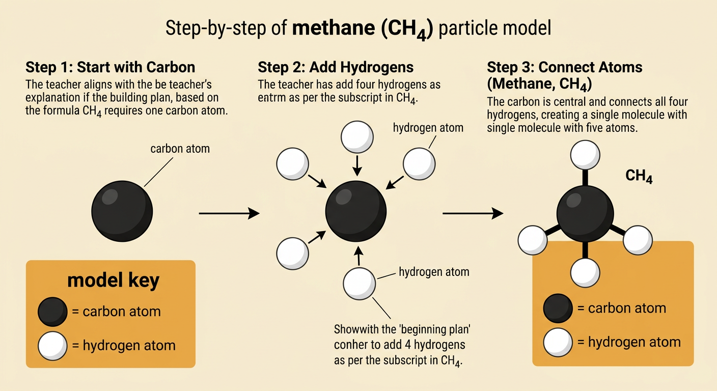 A methane particle model shows one central carbon sphere connected to four hydrogen spheres beside a color key.