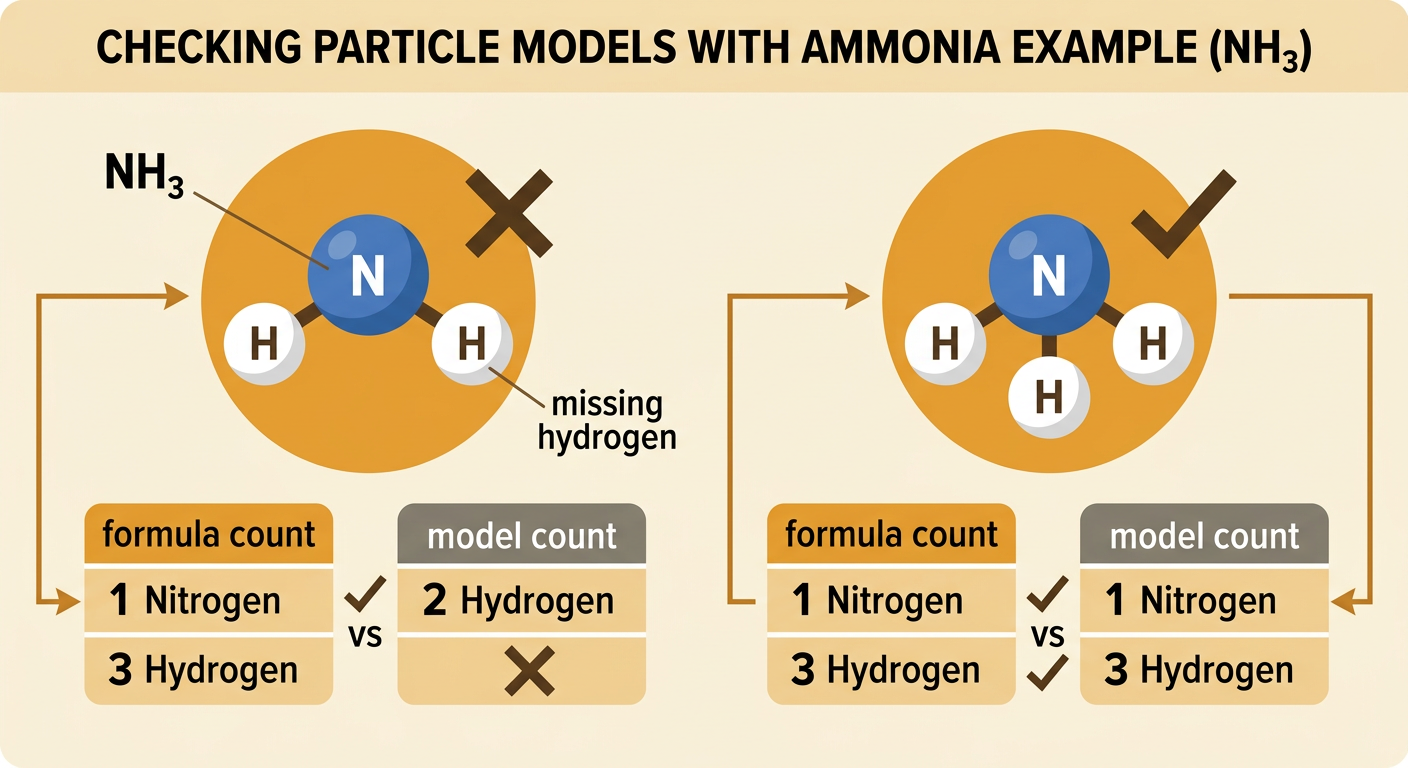 Two ammonia models are compared, with one missing a hydrogen atom and the other correctly matching NH3.