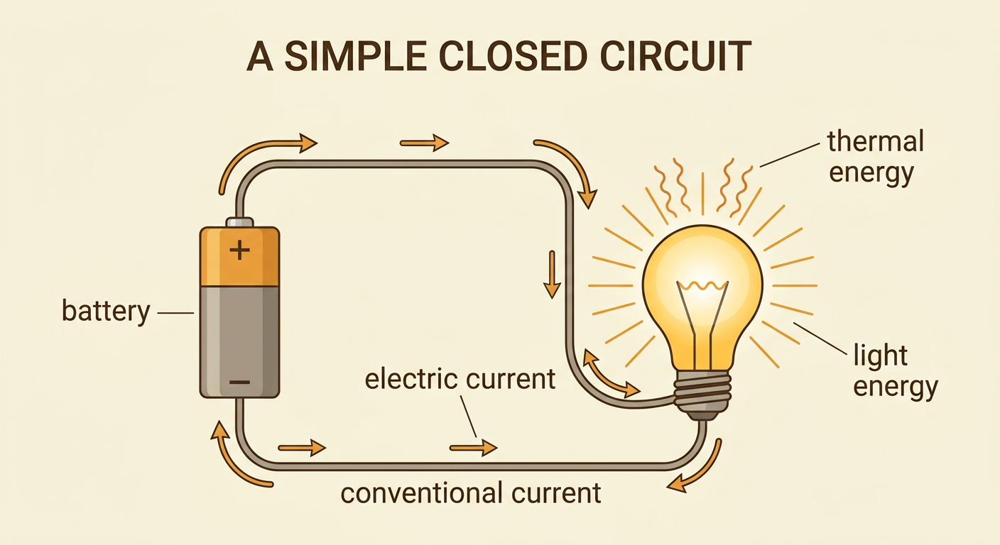 A flashlight circuit shows current traveling in a complete loop from a battery through a glowing, warm bulb.