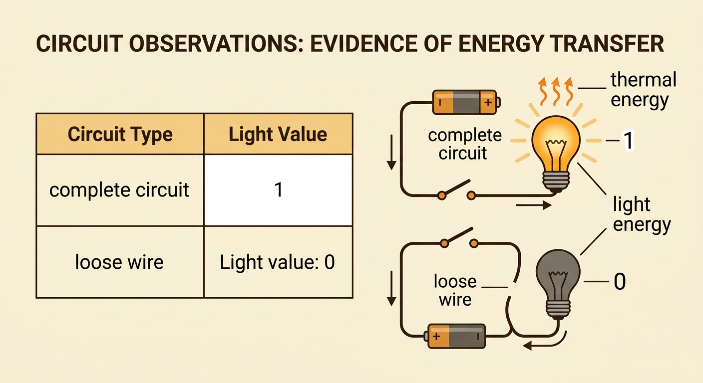 A comparison chart shows a glowing complete circuit scored 1 and a dark circuit with a loose wire scored 0.