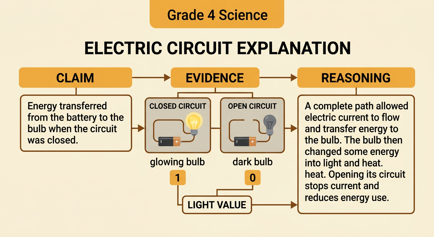 A claim-evidence-reasoning organizer connects pictures of a glowing closed circuit and a dark open circuit to recorded light values.