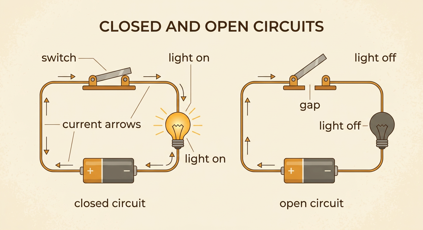 A desk lamp circuit is shown with its switch closed for light on and open at a gap for light off.