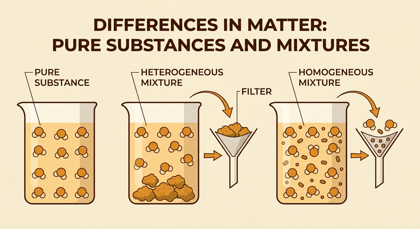 A comparison diagram shows pure copper, sand in water, salt water, and a filter trapping sand while dissolved salt passes through.