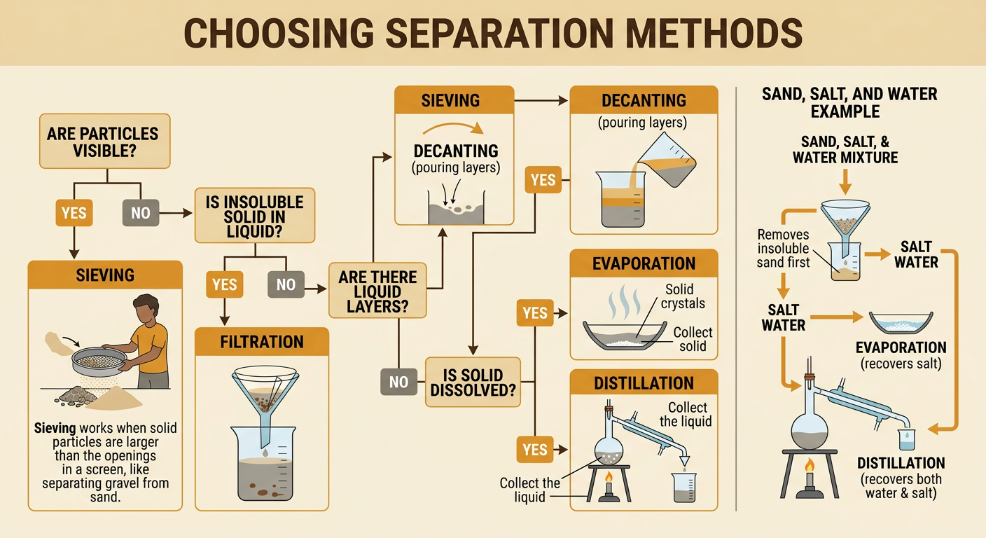 A decision chart connects mixture properties to sieving, filtration, layered separation, evaporation, and distillation, with a sand-salt-water example.