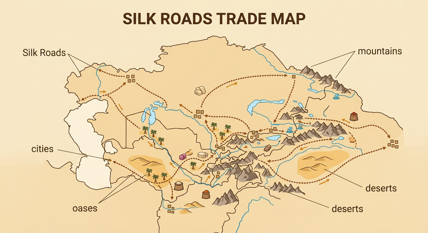 A map of the Silk Roads shows connected paths bending around mountains and deserts to link cities and oases.