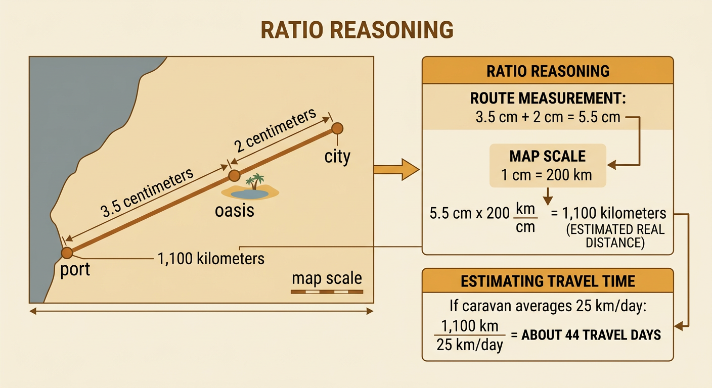 A measured route diagram runs from a port through an oasis to a city and includes the scale and real-world distance.