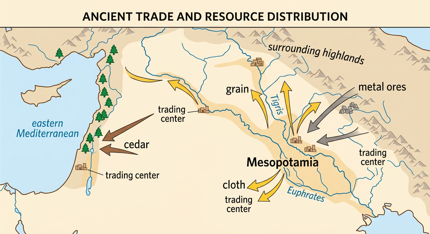 A resource map shows Mesopotamia exchanging grain for cedar and metal from surrounding regions.