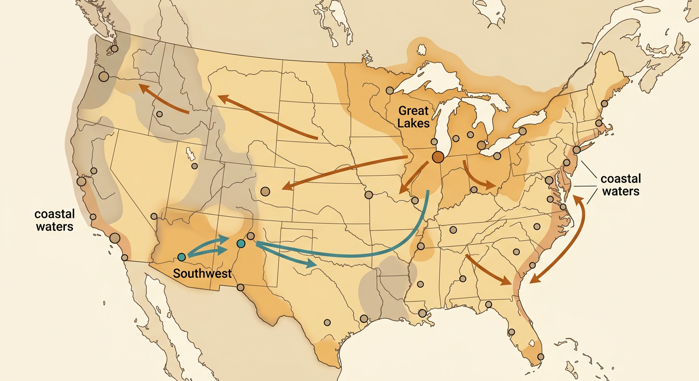 A historical map shows approximate Native homelands and long-distance exchange routes carrying copper, shells, and turquoise across North America.