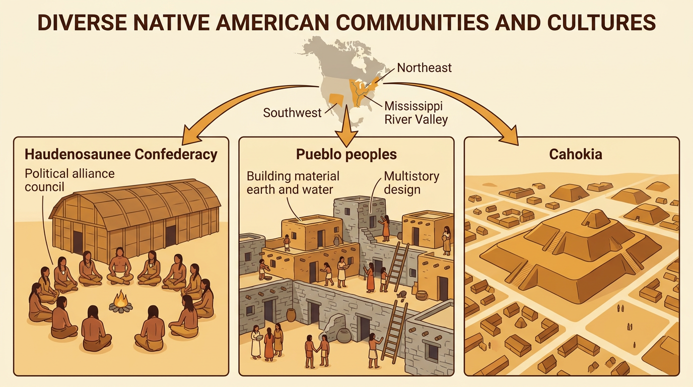 An illustrated map highlights the political alliance of the Haudenosaunee, Pueblo architecture, and the urban center of Cahokia.