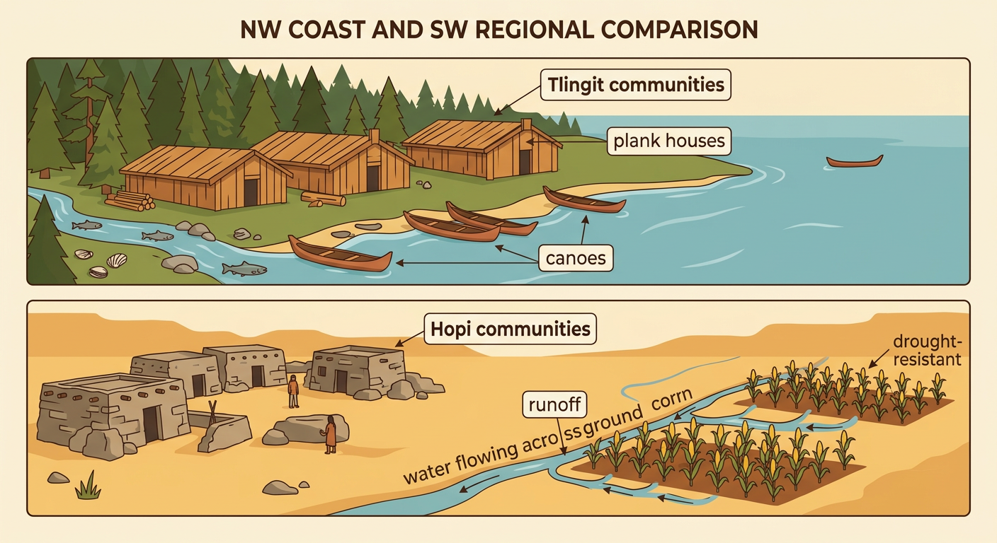 A split landscape compares a coastal Tlingit village with cedar houses and canoes to a dry Hopi village using runoff farming.