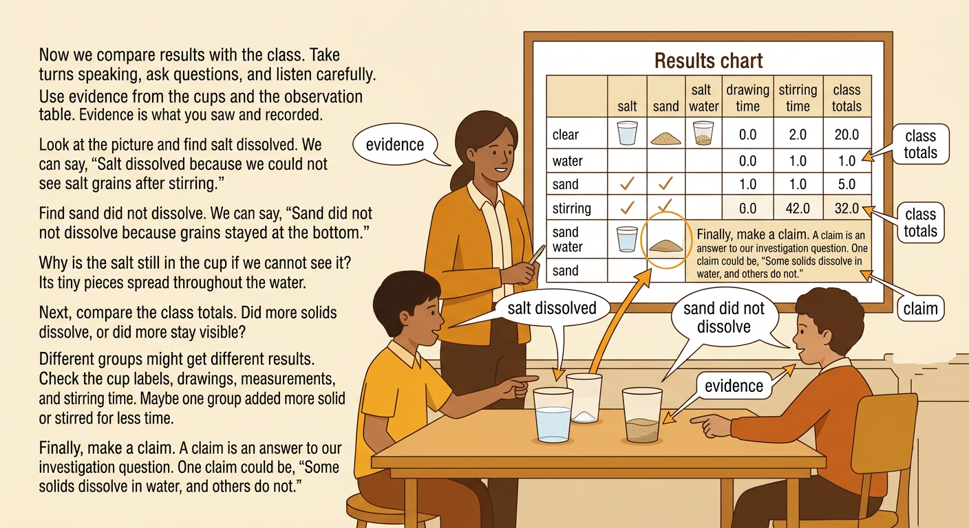 A class chart compares cup evidence and totals before showing a supported claim.