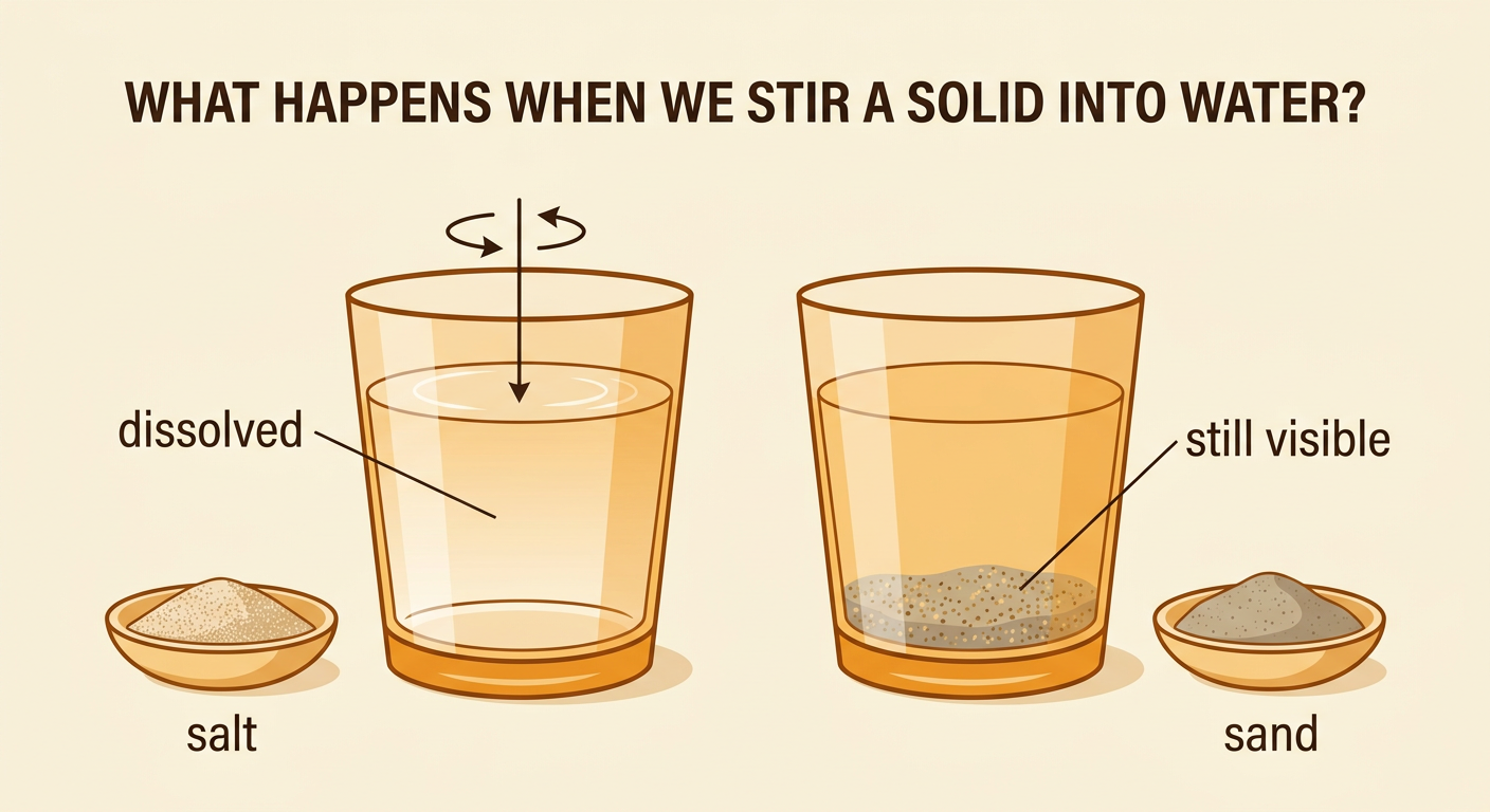 Two clear cups show salt dissolved in water and visible sand grains resting at the bottom.