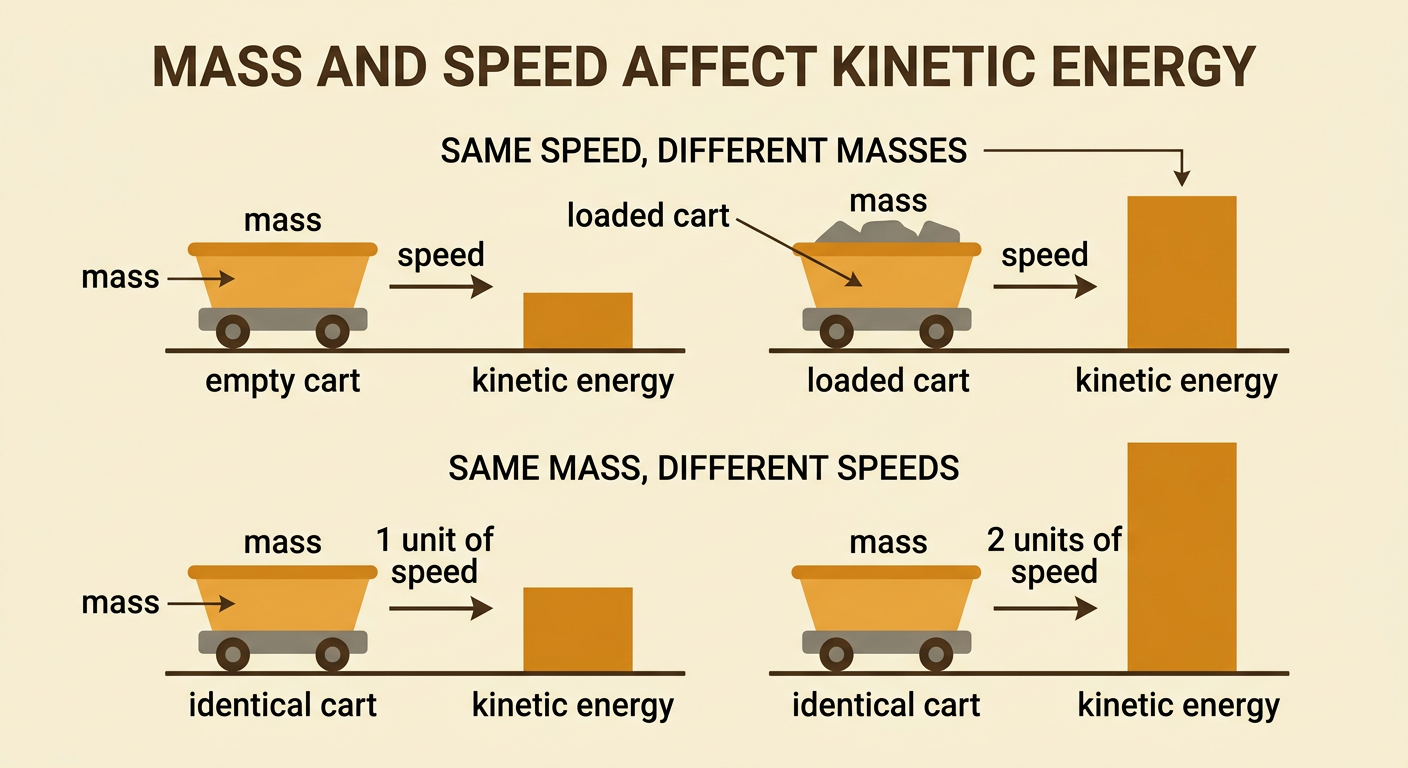 A loaded shopping cart and an empty shopping cart move at the same speed beside the kinetic-energy equation.