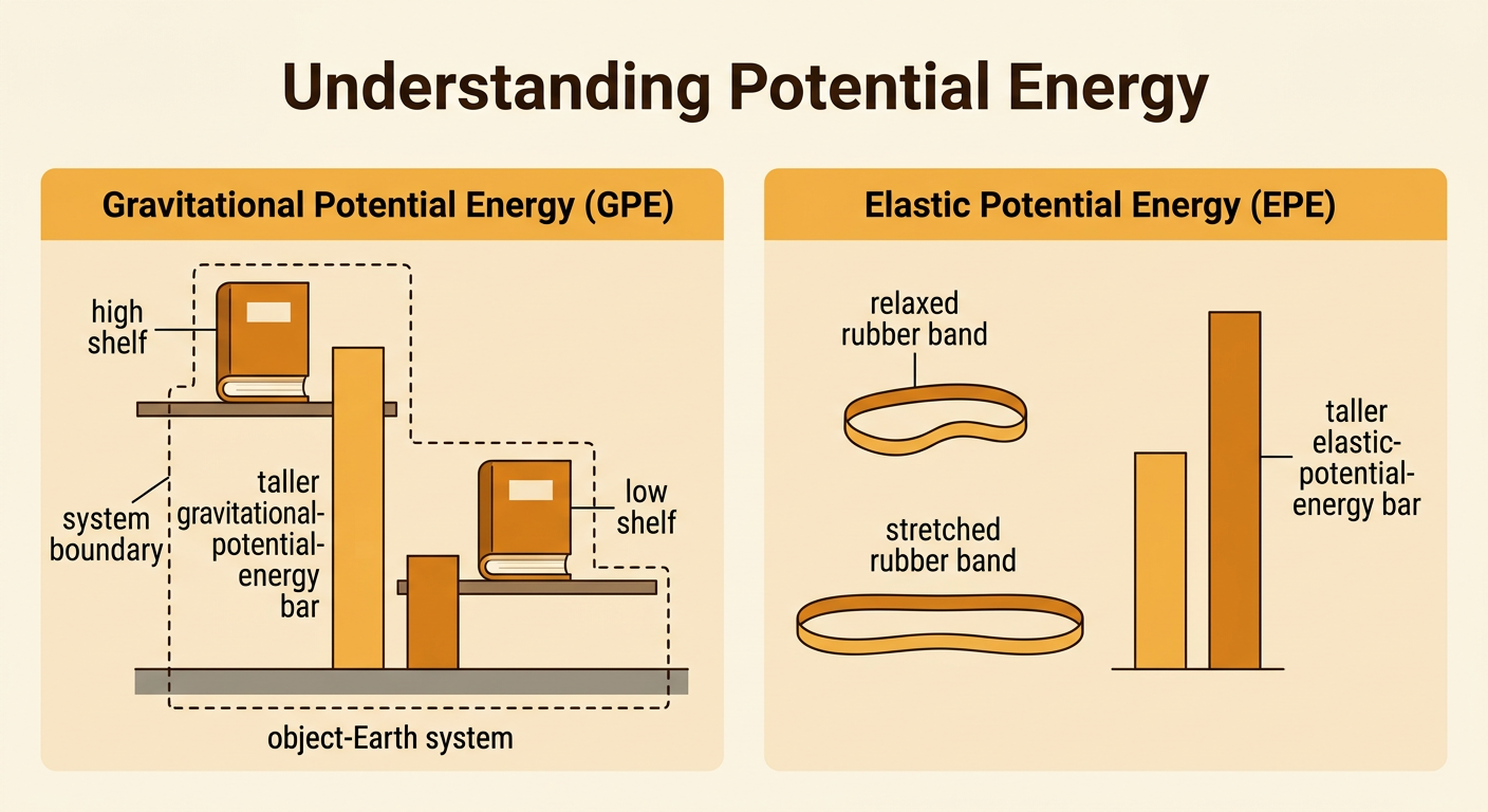 A book is compared on high and low shelves beside a stretched rubber band storing elastic energy.