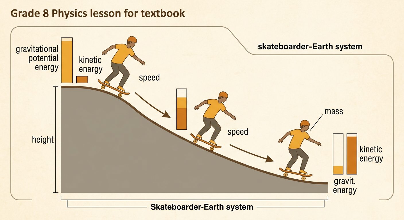 A skateboarder rolls down a ramp as stored energy changes into motion energy, with measurements shown beside the ramp.