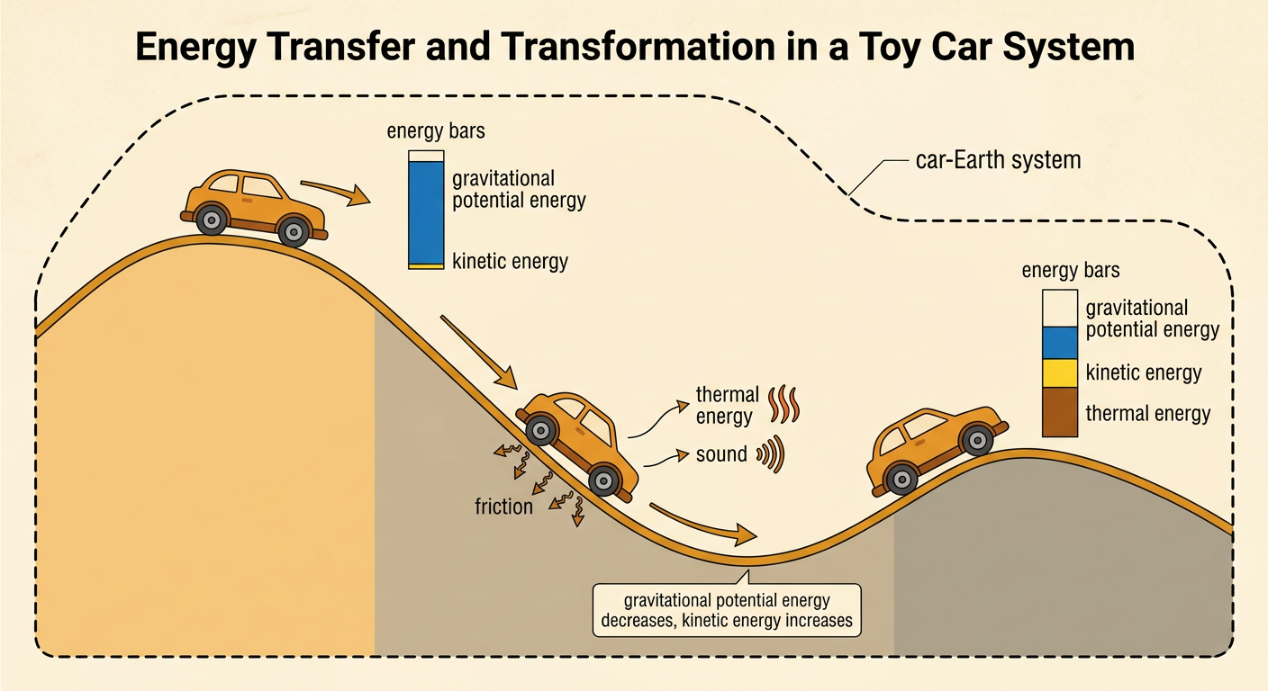 A toy car descends and climbs a track while energy bars and arrows show transformations and transfers.