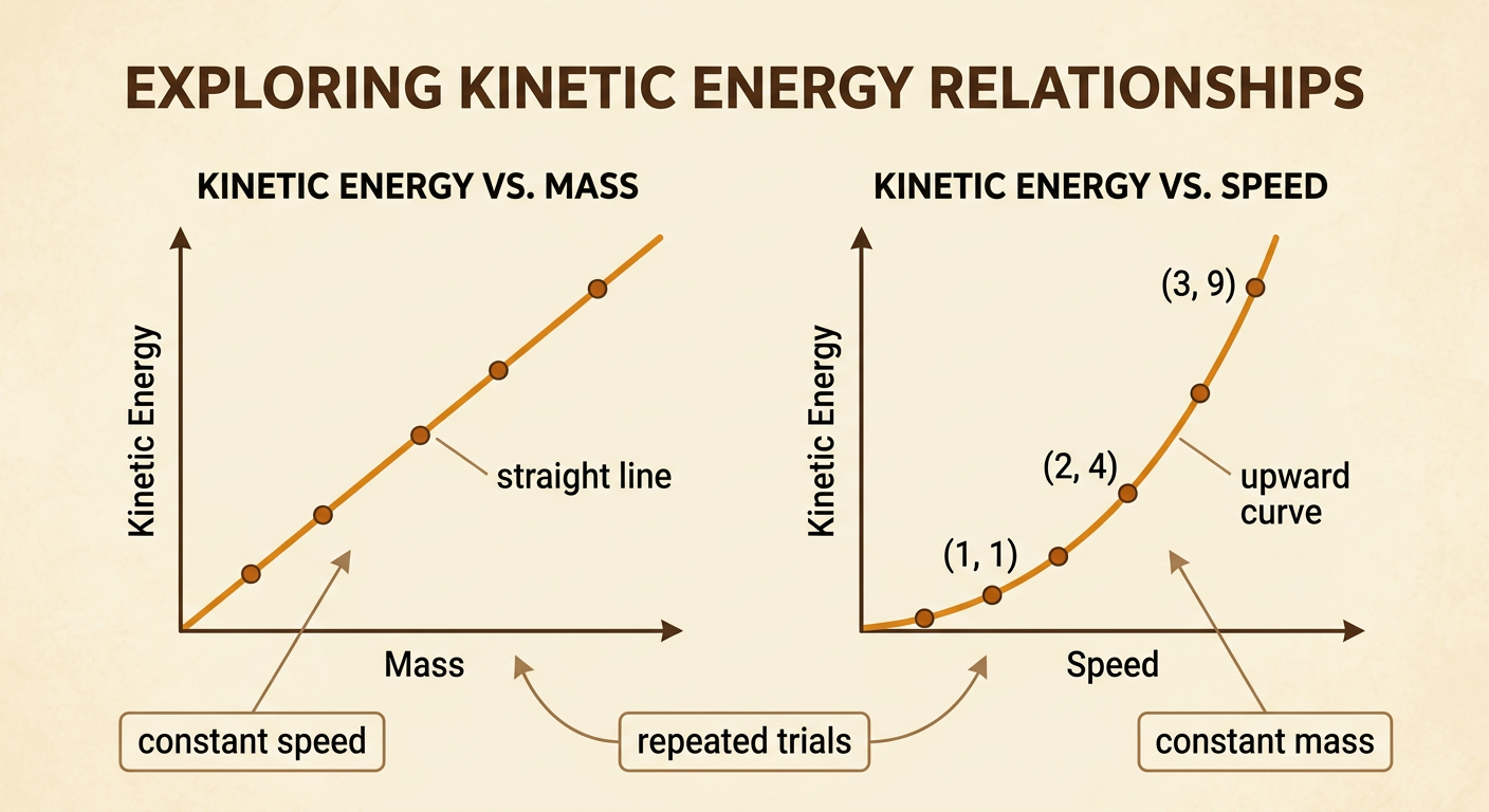 Two side-by-side graphs compare kinetic energy with mass and with speed.