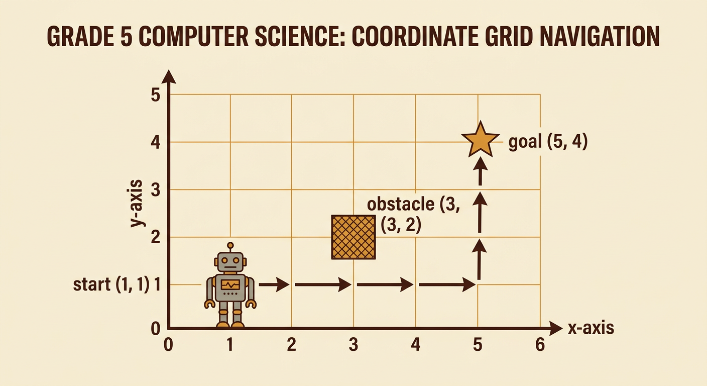 A coordinate grid shows a robot tracing a safe path from the lower-left start to the upper-right goal while avoiding one obstacle.