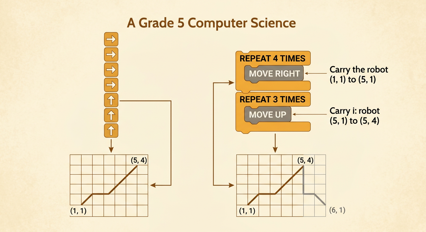 A grid and two loop blocks show four right moves followed by three up moves, with an extra wrong move reaching beyond the goal column.