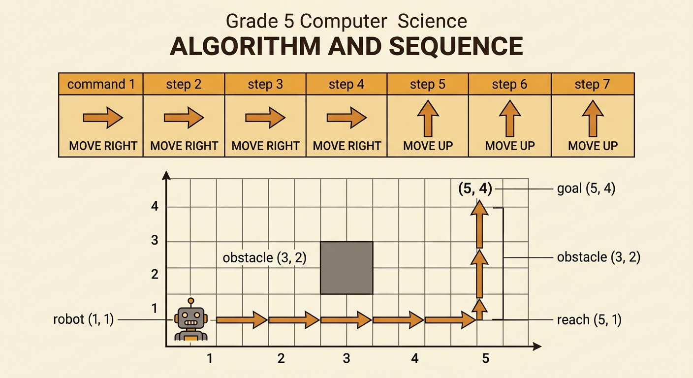 A numbered command strip beside the grid shows four right moves and three up moves leading safely around the obstacle.