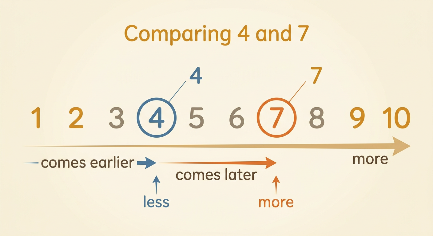A number path from 1 to 10 highlights 4 and 7, with 7 farther to the right.