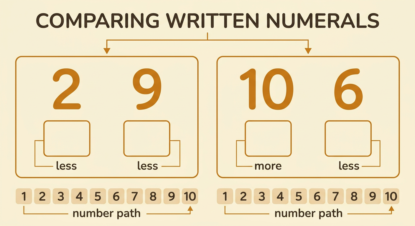 Two comparison cards show 2 and 9 on one card and 10 and 6 on the other, above a number path.