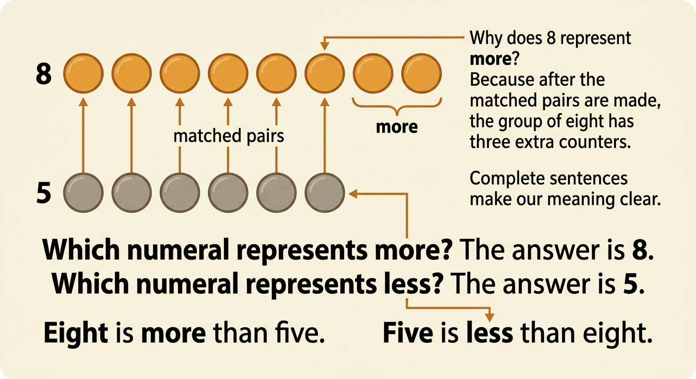 Eight counters and five counters are arranged in matched pairs, leaving three extra counters beside 8.