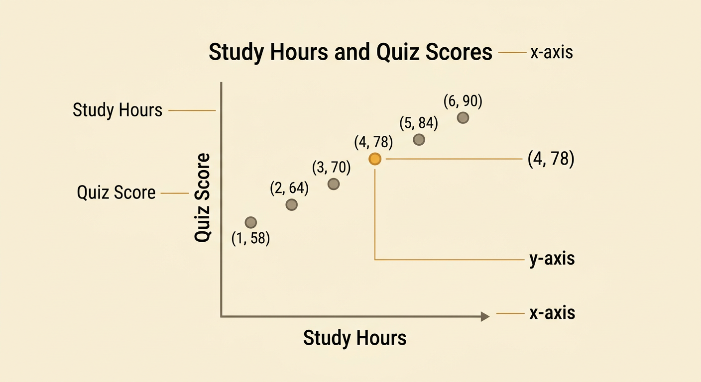 A labeled scatter plot titled Study Hours and Quiz Scores shows six separate points, including the point at 4 hours and 78 points.