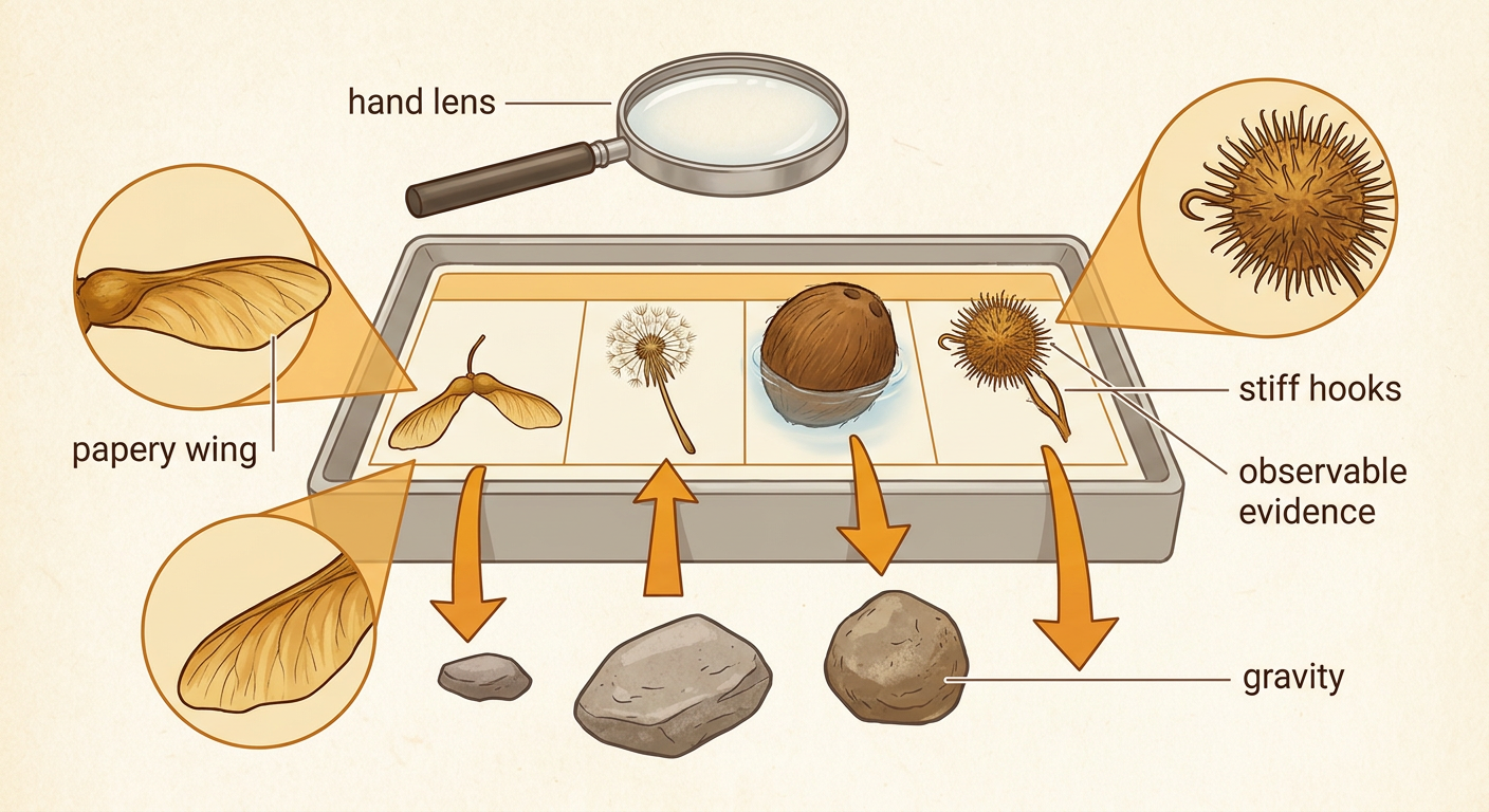 A hand lens reveals the papery wing of a maple samara and the stiff hooks of a bur beside four dispersal groups.