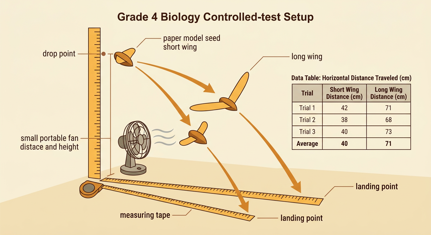 Two paper seed models are dropped from one point and their different landing distances are measured.
