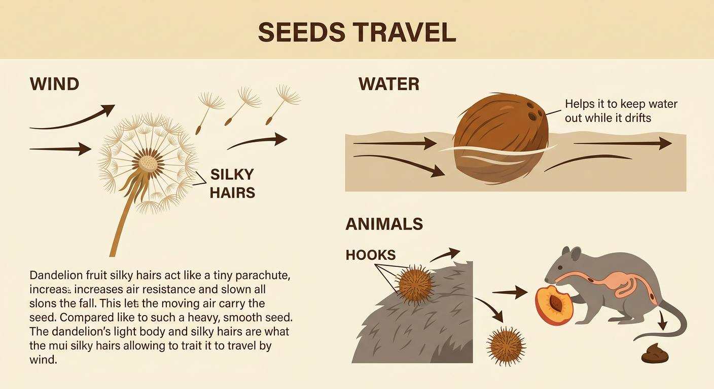 A dandelion, coconut, hooked bur, and fleshy fruit travel by wind, water, and animals.