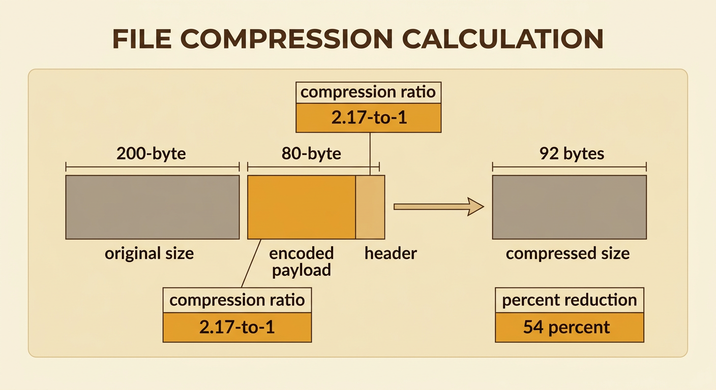 A worked calculation compares a 200-byte original with compressed totals before and after adding a 12-byte header.