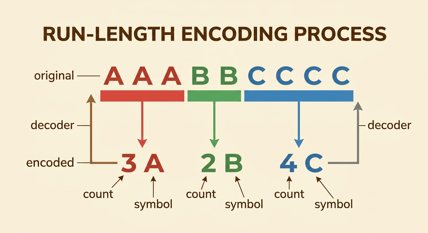 A decoding diagram expands 3A2B4C back into AAABBCCCC using counts and symbols.
